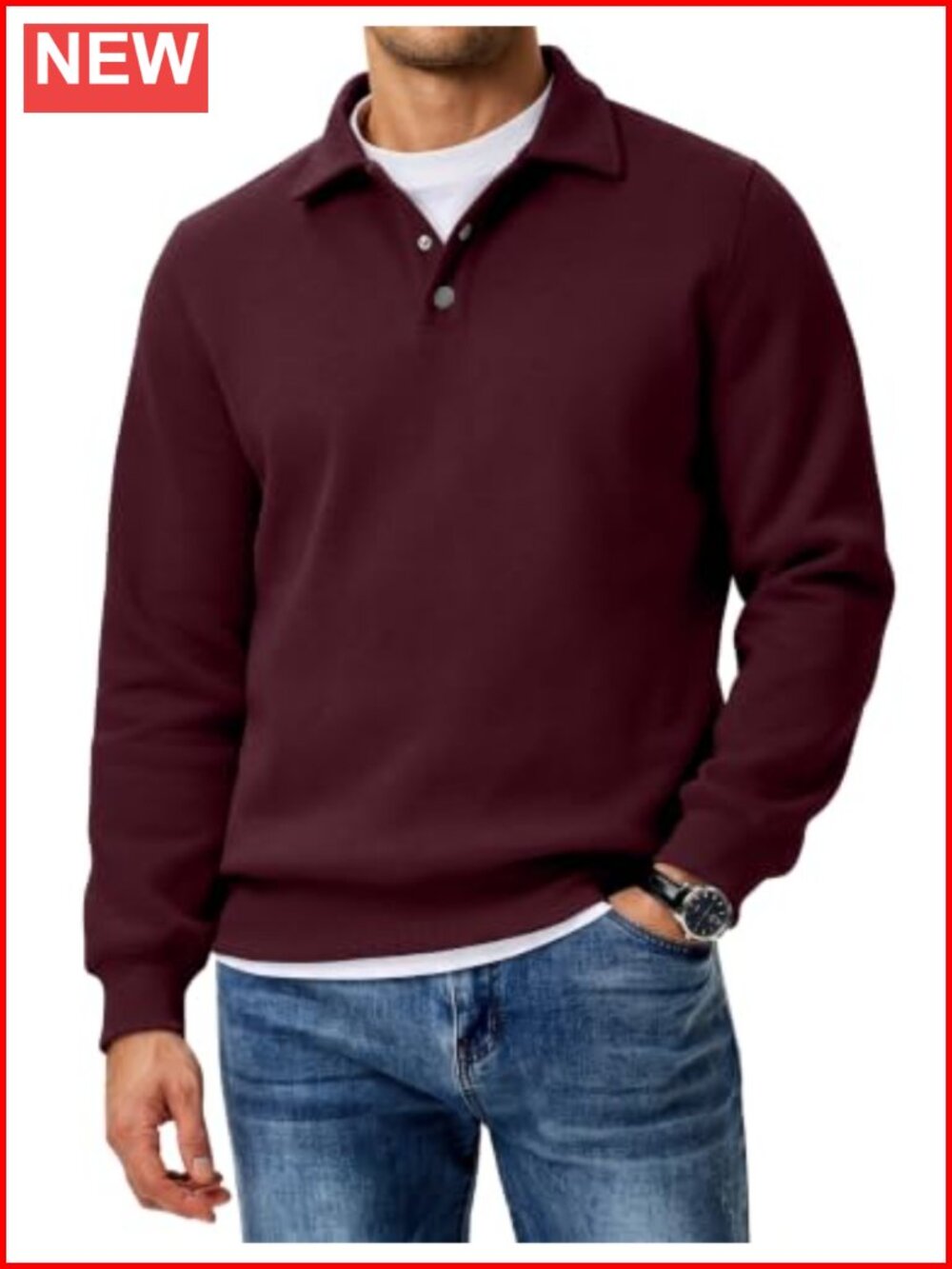 Cotton Blend Quarter Button Polo Sweatshirt Men's Long Sleeve